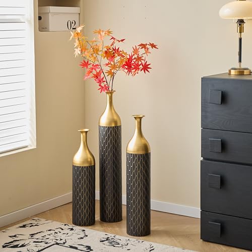 Tall Black and Gold Floor Vases - 34in Large Metal Floor Vase Decorative Tall - Set of 3 Modern Big Standing Vases for Living Room Dining Bedroom Home Corner Hallway Indoor Office - color: Floor Vases Black Gold