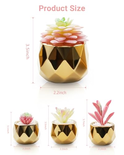 VIVERIE Mini Succulents Plants Artificial in Pots-Pink with Golden Ceramic, Christmas Small Fake Succulents Plants for Home Decor Indoor for Women, Set of 4, Gifts for Mom - color: Golden-4 Pack