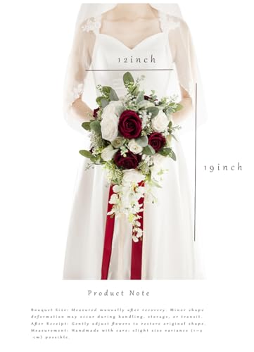 12 Inch Cascade Wedding Bouquets for Bride, Burgundy & White Cascading Bridal Bouquet for Wedding Silk Artificial Flowers - color: Burgundy & White