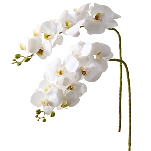 2Pcs White Orchids Artificial Flowers 38" Long Stem Fake Orchid,Real Touch Latex Faux Phalaenopsis with 9 Large Orchids for Home Décor Centerpiece Arrangements