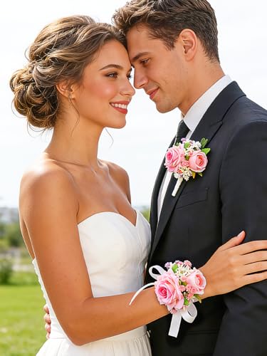 Campsis Corsage Boutonniere Set Coral Pink Wrist Corsage Groom Boutonnieres for Wedding