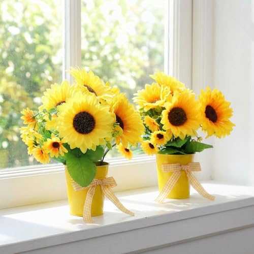 Suncalla 2 Pack Small Artificial Sunflower Plant in Pots Faux Flower Potted Plants Yellow Arrangement Rustic Home Decor 7.9" Tall for Farmhouse Table Centerpiece Windowsill Country Indoor Decor - color: Yellow, style: Sunflower