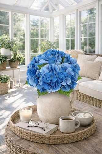 Hollyone Blue Hydrangea Artificial Flowers 6pcs Large Real Touch Faux Hydrangeas Silk Flowers Bouquets Fake Flower with Stems for Home Decor Indoor Wedding Kitchen Centerpiece Table Decorations - color: Blue