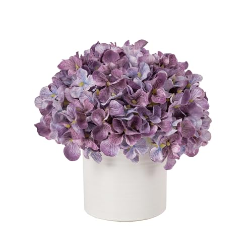 Hydrangea Fake Flowers in Vase, Artificial Flowers with Ceramic Vase Small Faux Potted Floral Arrangements for Bathroom Home Desk Kitchen Counter Vanity Shelf Coffee Table Centerpiece Decor (Purple) - color: Hydrangea, Purple
