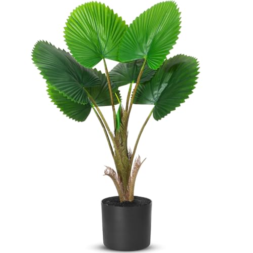 Giegxin 2 Pack Artificial Fan Palm Tree 2.36 ft Tall Fake Tree Round Leaf Fake Palm Plant with Planter, Faux Tropical Areca Floor Plant, Artificial Silk Plants for Indoor Outdoor Home Office Decor