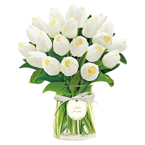 Airpark Pop Up Flower Bouquet Card for Women, 3D Floral Greeting Card with Envelope and Note, Birthday Thank You Thinking of You Get Well Gift for Mom Friend Wife Teacher, White Tulip - style: White Tulips