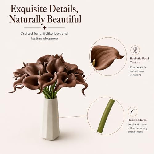 Mandy's 20pcs Brown Calla Lily Artificial Flowers | 13.5 Inch PU Realistic Bouquet for Vase Elegant Home Decor Centerpiece Wedding Bridal Bouquet Table Decoration - color: Brown