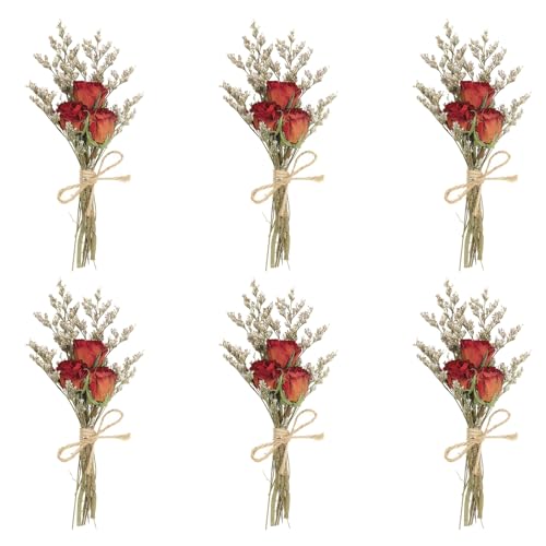 PATIKIL Mini Dried Flower Bouquet, 6 Pcs Rose Natural Wildflower with Stem Decor Baby's Breath Boho Floral Plant Flower for Crafts DIY Photo Props Gift Wedding Decor, Red - color: Red
