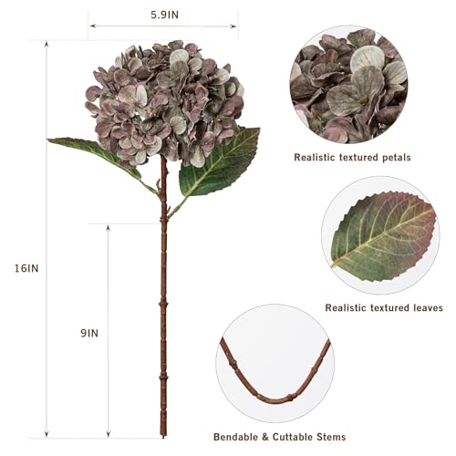 Artificial Flower Fake Silk Hydrangea Heads Bouquet with Stems Bulk for Fall Decoration Table Center Christmas Indoor Outdoor Faux Floral Realistic with Leaves Plants Crafts 8PCS(Brown) - color: Brown
