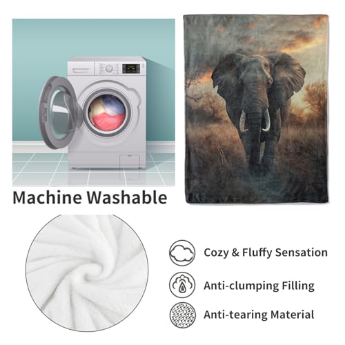 Elephant Fleece Blanket, Realistic Wildlife Scene, Soft Elephant Throw 50x60 inches, Perfect for Nature Lovers - Earth Tones - color: Color449, size: 50"x60"