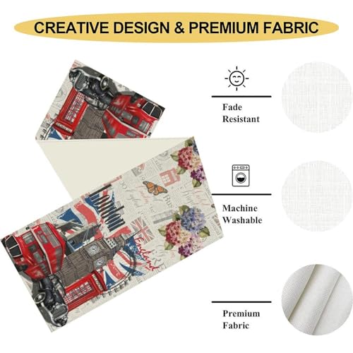 British Table Runner, Seasonal Vintage Floral England London Culture Element Coffee Table Center Decor for Home Kitchen Dining Patio Holiday Party Table Decorations 13x36 inches - color: Tr-england02, size: 13x36" Table Runner