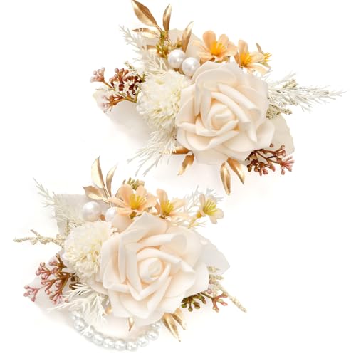 Serwalin 2 Pcs Wrist Corsage and Boutonniere Set, 6-7 Inch Champagne Corsage for Wedding, Boutonniere for Men Corsage Wristlet Prom Ceremony Anniversary Accessories Suit - color: A Champagne, size: 1 Boutonniere & 1 Wrist Corsage-2pcs