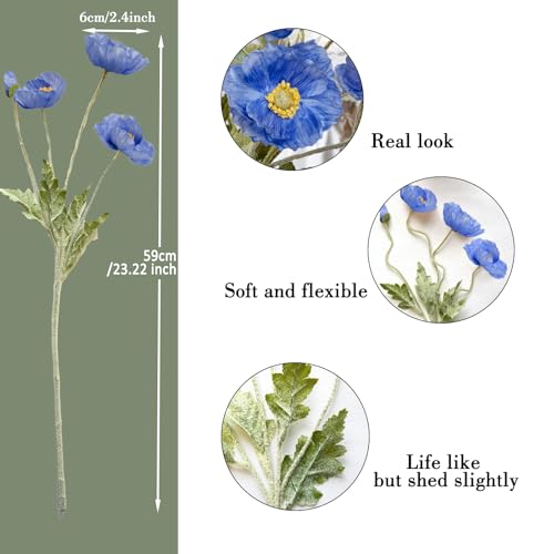 Artificial Flowers 5Pcs Poppies Flowers Artificial Silk Flowers for Home Office Wedding Outdoor Decor (Blue) - color: Blue