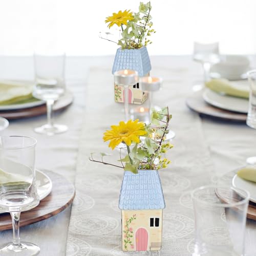 Remerry Ceramic House Shape Vase 2.4 x 3.8 Inch Mini Handmade Vase Decorative Small Flower Container for Living Room Bedroom Farmhouse Home Table Decor Cute Birthday Gift(Blue) - color: Blue