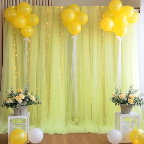 10ft x 8ft Yellow Backdrop Curtain with Lights String for Parties, Sheer Tulle Wedding Photo Backdrops Drapes for Baby Shower Birthday Party Decorations Background for Photography - color: Yellow, size: W5' x H8'(2 panels)