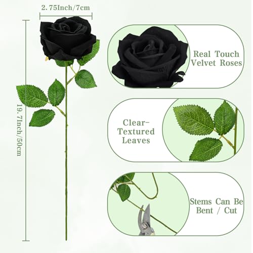 Waipfaru 50 Pcs Black Roses, Fake Roses Artificial Velet Flowers for Valentines Mothers Day Wedding Centerpieces Decor (Black) - color: Black, size: 50 Pcs