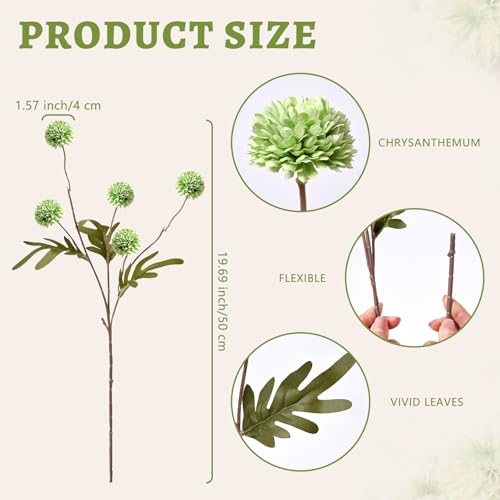 Waipfaru 10pcs Fake Flowers, Artificial Pompon Mums , Bulk Faux Chrysanthemums Flowers for Indoor Home Decorations, Boho Decor, Green, No vase - color: Green