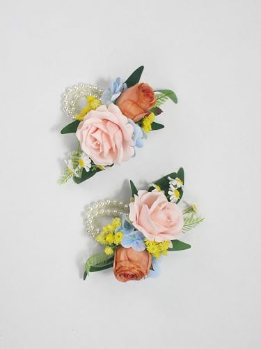 Rinlong 2Pcs Pink Blue Wrist Corsage for Wedding, Prom, Homecoming | Bridesmaid, Mother of the Bride Corsage - color: 15-spring Garden