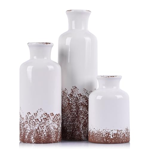 Gray Ceramic Vase Set - 3 Grey Small Vases, Farmhouse Country Flower Vase Home Decor, Living Room Decoration, Table Decoration, Fireplace Decor, and Entrance Decorations Centerpieces - color: Distressed Gray