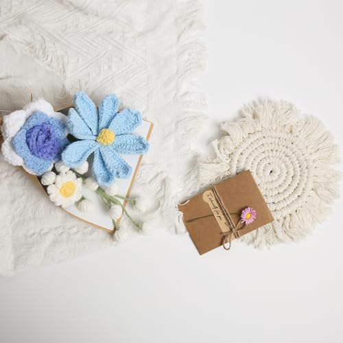 Crochet Flower Bouquet, Handmade Knitted Tulip Faux Crochet Flowers for Home Decor Valentine’s Day Anniversary Weddings Birthdays Mother’s Day, Includes Gift Bag and Greeting Card(Mini Blue) - color: Mini Blue