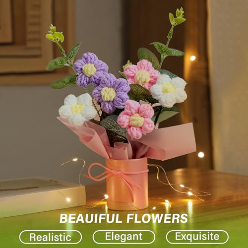 Vynora Crochet Daisy Flowers Bouquet, Valentine's Day Handmade Daisy Artificial Flowers with Card for Mother's Day, Birthday, Wedding, Home Decor, Teacher's Day, Grandma Bday Gift (Purple) - color: Purple Powder White