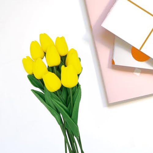 Yellow Flowers Fake Tulips Artificial Flowers, 13 Inch Real Touch PU Flowers for Decoration, 10 Pcs Tulip Flowers Bouquet for Vase, Mother's Day Easter Valentines Gifts - color: Yellow