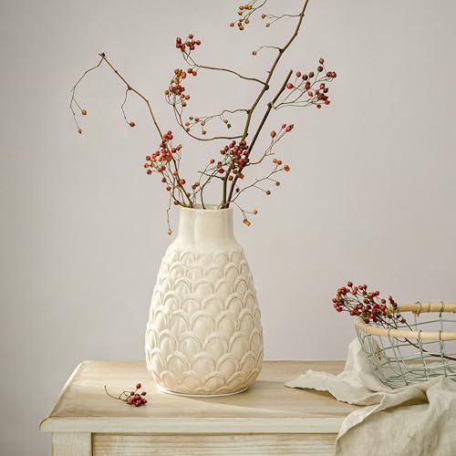 Ceramic Flower Vase, 9.06” Rustic Farmhouse Decorative Vase for Home Decor, Beige Textured Pottery Vase for Pampas Grass, Living Room, Entryway, Mantel, Kitchen Table, Centerpiece - color: 401-white