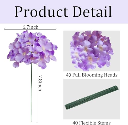 Hydrangea Artificial Flowers, 40 Pcs Purple Hydrangea Artificial Flowers Bulk, Faux Hydrangea Flowers for Outdoor, Fake Silk Hydrangea Flowers with Stems for Wedding Decoration Decor - color: Purple, size: 40 Pcs
