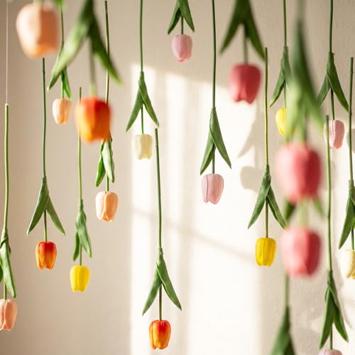 12 Pack 6 Colors 5 ft Artificial Tulips Hanging Flower Garland Decorations Spring Summer Dangling Faux Tulip Floral Vine Strings with Hooks for Wall Ceiling Wedding Tea Party - color: 6 Colors