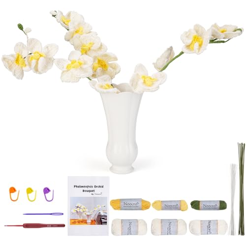 Noocro Crochet Kit Flower Bouquet, Rose, Lily Myosotis, Poppy, Tulip and Orchid with Video Tutorial and Detailed Instructions, Complete Kit Craft Supplies Holiday Gift (Orchid)