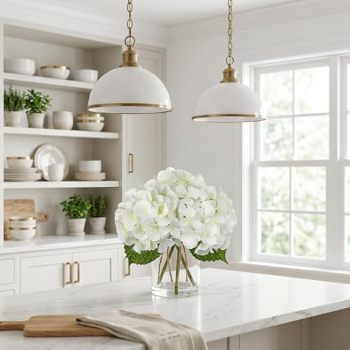 Hydrangea Artificial Flowers with Glass Vase, White Real Touch Silk Hydrangea Arrangement with Faux Water, Small Faux Floral Centerpiece for Home Decor, Wedding, Bathroom, Shelf, Coffee Table - color: White-hydrangea