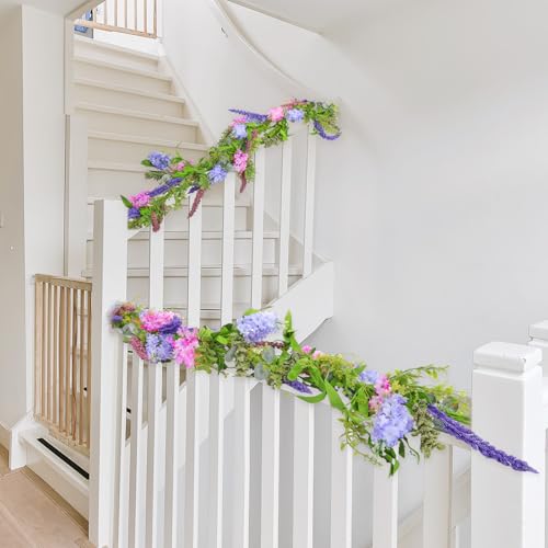 Giegxin 1 Pcs 6 ft Artificial Flower Garland with Lilac and Lavender Purple Pink Flower Fake Wisteria Vines Summer Greenery Eucalyptus Garland for Wedding Mantle Porch Stair Table Indoor Decor - style: Lilac