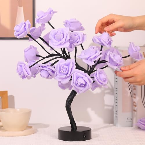 Drawelry Rose Flower Tree Lamp - LED Rose Tree Table Lamp USB/Battery Powered Artificial Bonsai Flower Night Light for Bedroom Living Room Party Wedding Birthday Decor (Purple) - color: Purple
