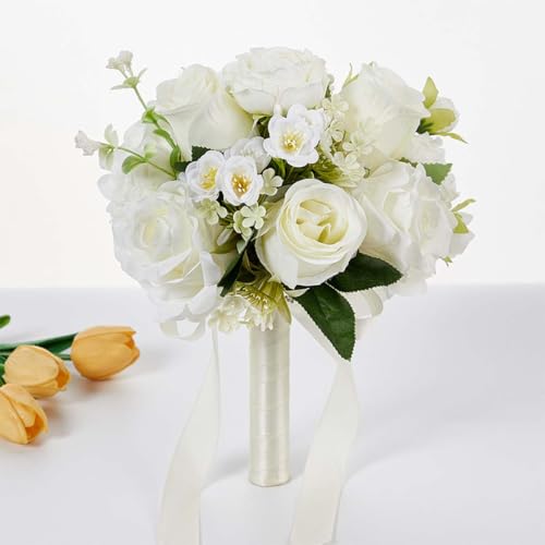 CYANLUX Wedding Bouquets for Bride Bridesmaid Bouquet Champagne White Artificial Roses Flowers for Wedding Valentine's Day Church Home Decoration… (White Rose) - color: White Rose