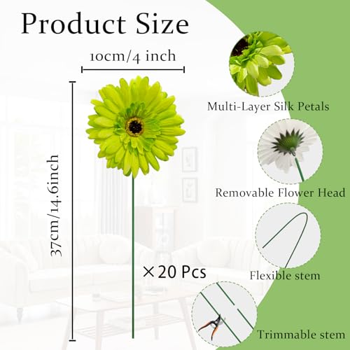 20 Pcs Fake Silk Gerbera Daisy Artificial Flowers with Stems Faux Daisies Flower Bulk for DIY Art Crafts Home Wedding Party Vase Centerpieces Tables Garland Wreath Decoration (Green) - color: Green