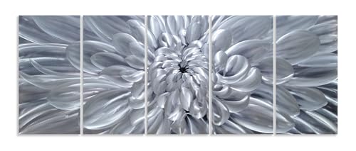 YHSKY ARTS Silver Floral Metal Wall Art - Hand Crafted 5 Piece Aluminum Sculpture Set for Living Room and Bedroom Decor - color: Silver Flower Art, size: 64x24IN