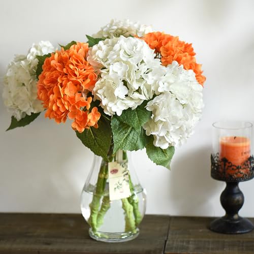 FiveSeasonStuff Real Touch Silk Hydrangea Flowers, 2 Large Long Stem Artificial Flowers for Floral Arrangements (Mixed Sunbeam Yellow & Autumn Orange) - color: Mixed Sunbeam Yellow + Autumn Orange