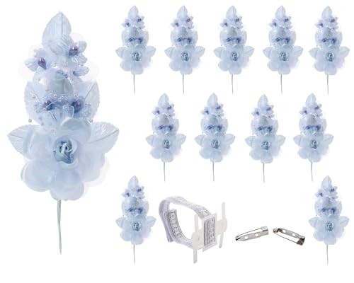 Set of 12 Artificial Silk Organza Craft Rose Flower, 12 Corsage Wristlet, 12 Pin Back DIY Boutonnieres for Wedding, Bridesmaids, Groomsmen, Quinceanera, Prom, Sweet 16 (Light Blue) - color: Light Blue