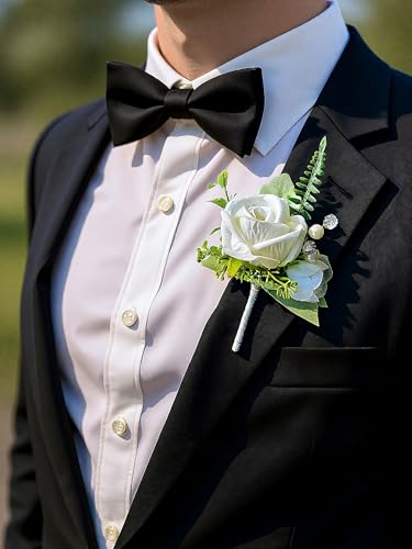 Corsage and Boutonniere Set with White Roses for Bride, Groom, Bridesmaids Groomsmen Weddings, Proms, Homecomings. Perfect Party Suit Decor Wedding Flowers Accessories (White) - color: White