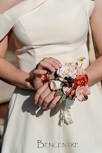 Terracotta Corsages for Wedding(Set of 6),Corsages for Prom,Party Prom Hand Flower Decor,Mother of The Bride Corsage,Bridesmaid Wrist Corsage,Wrist Corsage Bracelets - color: Terracotta