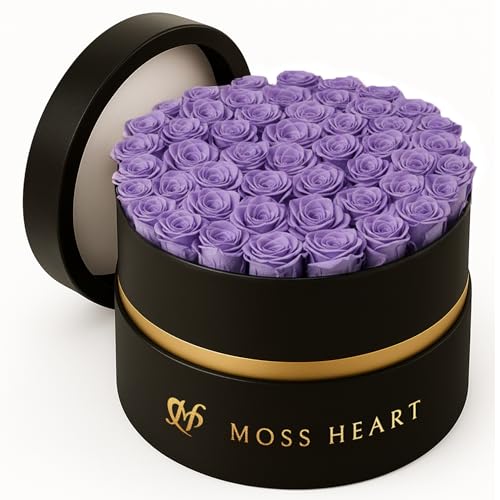 50 Petite Preserved Roses, Designer Round Box, Real Forever Roses Last 1+ Year, Premium Gift for Women, Wife, Girlfriend, Mother’s Day, Birthday, Anniversary, Valentine’s Day - color: Purple, size: 50 Roses