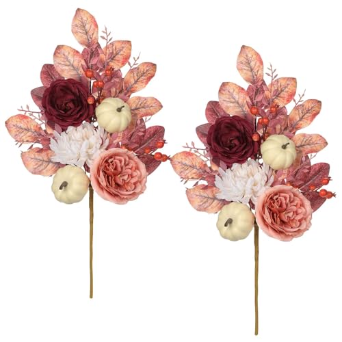 Fake Fall Flowers Bouquet Arrangements Artificial Silk Flower Stem with White Pumpkin and Pink Eucalyptus Leaves Autumn 2PS Red Floral Table Centerpieces for Vase Home Kitchen Thanksgiving Decor - color: Pink and Burgundy