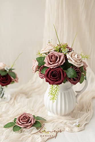 Ling's moment Artificial Flowers, 25Pcs 3" Roses in Burgundy Mauve Shades, Realistic DIY Foam Floral Fill for Wedding Bouquets/Centerpieces, Outdoor Party Backdrops, Room/Table, and Pot Decorations - color: Shades of Burgundy & Mauve, size: 25Pcs