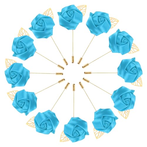 M METERXITY 12-Pack Flower Lapel Pins for Men, Golden Leaf Rose Boutonnieres Pin for Wedding/Dance/Party, Mens Lapel Pins for Suits Satin Flower Corsage Hat Pins [Blue] - color: Blue