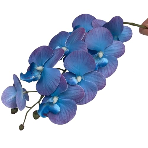 HinyoCo 5 Pcs Artificial Orchid Flowers and 4 Bundles Leaves, Artificial Phalaenopsis Flowers 32 Inch Stem Plants for Home Wedding Decoration (Blue and purple edges), US10039 - color: Blue and Purple Edges