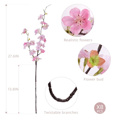Artificial Cherry Blossom Branches 27.6In Silk Cherry Blossom Branches Long Stem Artificial Flowers for Tall Vase, for Home Decor, Weddings Decor, Parties & Festival Gifts 8PCS ，Pinkish White - color: 8pcs Pinkish White