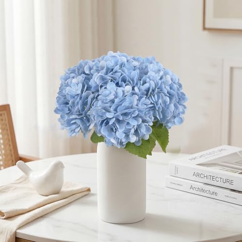 IPOPU 6PCS Real Touch Fake Hydrangea Artificial Flowers Blue Hydrangeas with Stems Latex Lifelike Faux Hydrangeas for Home Table Centerpieces Wedding Baby Shower Party Floral Arrangements (Blue) - color: Light Blue