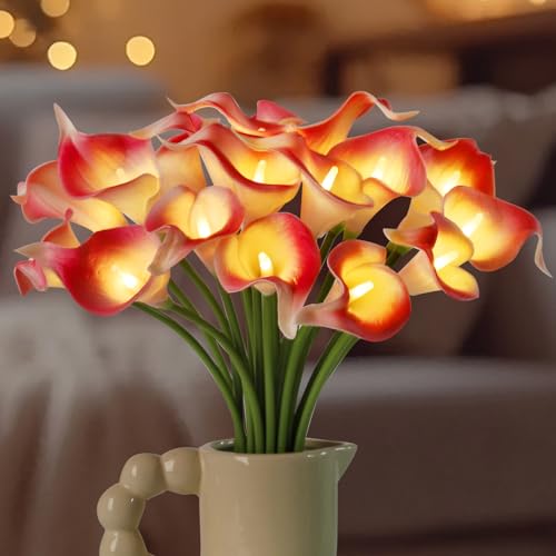 20pcs Lighted Artificial Calla Lily Bouquet Lamp Faux Floarl Night Light Real Touch Flower Night Lamp LED Calla Lily lighted Artificial Flower for Holiday Gifts Home Kitchen Decor(Pink, No Vase) - color: Pink
