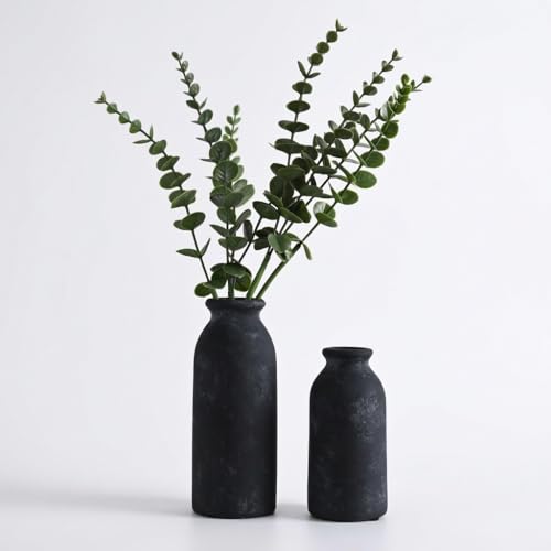 VICTOR & TERESA Black Ceramic Vases Home Decor, Flower Vase Set of 2, Farmhouse Vase for Flowers, Rustic Decorative Vases for Pampas Grass, Table, Living Room, Shelf, Centerpieces, 8 inch - color: Black