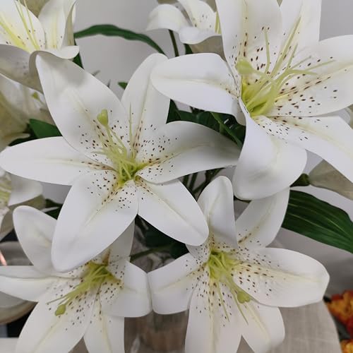 Artificial Ivory White Lilies Flowers,10Pcs Faux Lily Flower,20''Tiger Lily Branch with 2 Full Blooms, Faux Fake Lilies Plants for Wedding Bouquet Home Party Indoor Floral Arrangements - color: Ivory White
